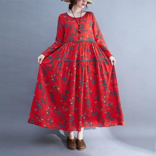 2021 New Arrival Thin Soft Cotton Linen Long Sleeve Autumn Dress Print Floral Chinese Style Red Dress Women Casual Long Dress