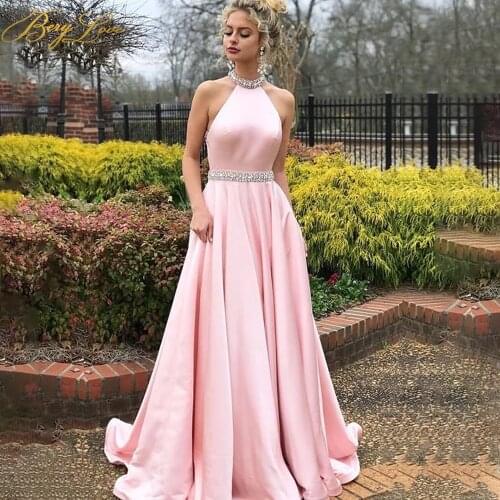Berylove Sexy Pink Satin Party Dress Backless Beaded Belt Prom Dress Halter Straps Evening Dress Gown Formal Robe Vestido