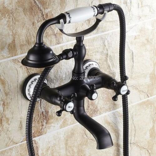Free shipping Telephone Type Shower set 360 degree Swivel Spout Tap Bathroom Bathtub Wall Mount faucet Set Black Plating ZR041