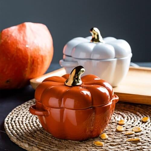 Christmas Halloween Pumpkin-Shaped Baking Bowl Baked Soup Salad Bowl Kitchen Baking Pan Oven Lasagna Pan Gold with Lid Glazed