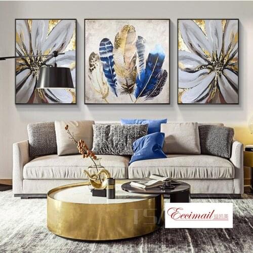 EECAMAIL DIY Diamond Painting Full Diamond American Living Room Sofa Background Wall blue Feather Luxury Nordic Triptych Paintin