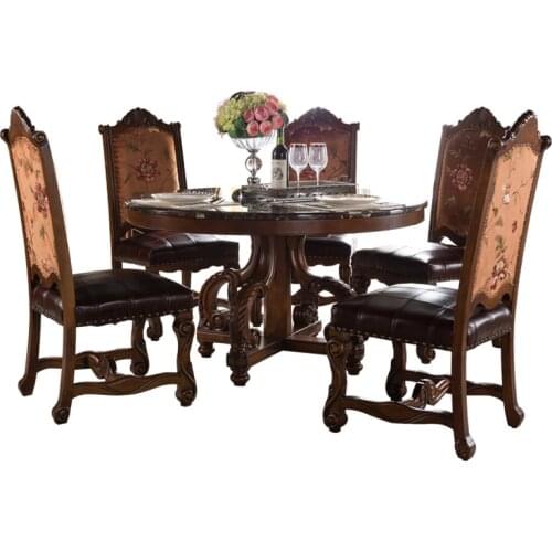 European full solid wood marble rotary table American villa living room dining table chair combination furniture