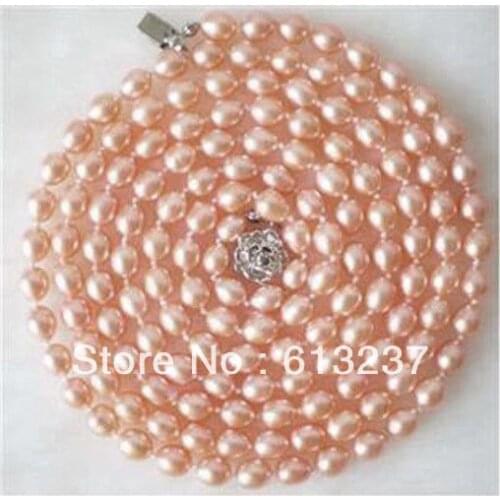 Hot free Shipping new 2014 Fashion Style diy Long 50" Genuine Rice Shape Pink Akoya Cultured Pearl Necklace MY5008