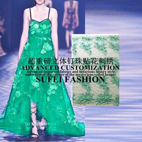 Quality handmade 130cm wide green applique beading floral embroideried applique net lace dress cheongsam fabric S115