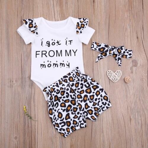 0-18M Newborn Baby Girl Boys Clothes Sets Short Sleeve Letter Print Cotton Romper Tops Leopard Shorts Bottom Headband 3PCS