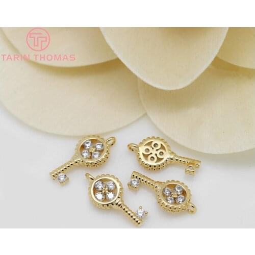4PCS 6x12.5MM 24K Champagne Gold Color Plated Brass with Zircon Keys Charms Pendants High Quality Diy Jewelry Accessories