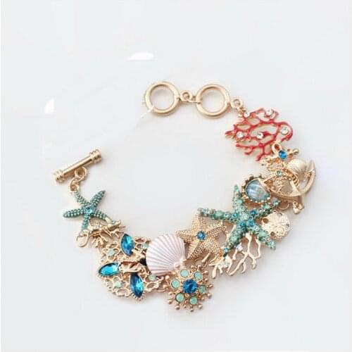 Fashion Ocean Elements Bracelet Marine Starfish Seahorse Shell Coral Charms Bracelet Colorful Marine Fancy Dressing Jewelry