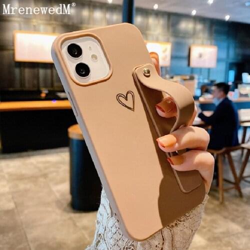 Fashion Wrist Strap Holder Phone Case For iPhone 11 12 Pro 7 8 Plus X XR XS Max SE2 Matte Silicone Heart Color Protection Covers