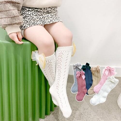 0-7 Years Spanish Childrens Socks With Bows Toddlers Girls Hollow Knee High Sock Kids Breathable Soft Baby Princess Sock School
