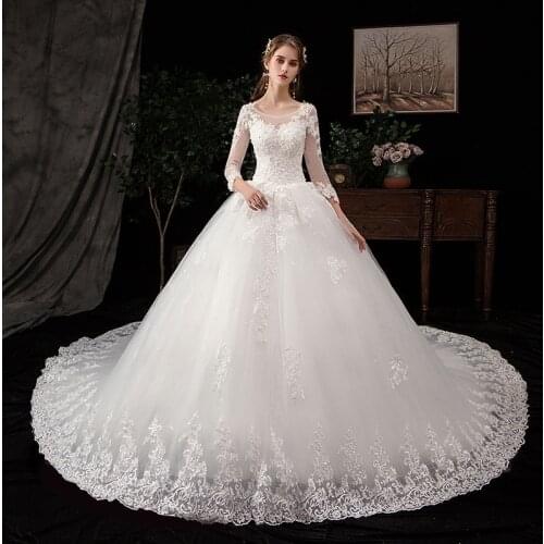 2020 New The Luxury Lace Wedding Dress Noble O-neck Full Sleeve Plus Size Wedding Gown With Train Bridal Dress Vestido De Noiva