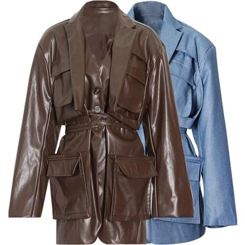 2021 spring new womens jacket tooling style three-dimensional pocket waist mid-length loose suit jacket female trend