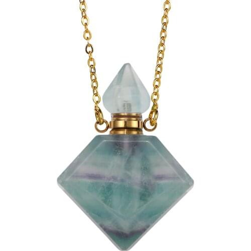 SHINYGEM Hot Selling Natural Gemstone Square Perfume Bottle Pendant Gold Plated Chain Crystal Quartz Essential Oil Necklace 2020