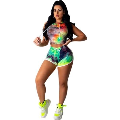 Tie Dye Print Sexy Two Piece Set Tracksuit Women Sports Suit Short Matching Sets Fashion Club Outfits