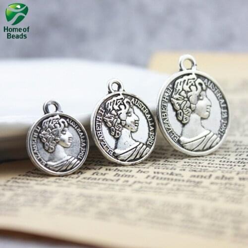 DIY Antique Silver Color Alloy Charms Australia Elizabeth II Pendants 16mm 20mm 24mm (10 Pieces/pack) ZA1183