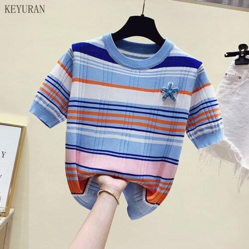 Multicolor O-Neck Striped Knitted T-Shirt Slim T Shirt Women Summer Short Sleeve Elegant Loose Pollover Tshirt Tops