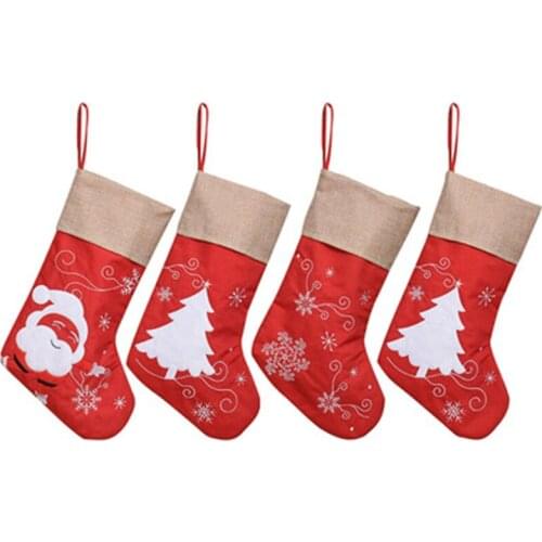 Christmas Stocking Linen Santa Pattern Sock Xmas Tree Pendant Small Boots Shape Fireplace Decoration Children Candy Bag Festival