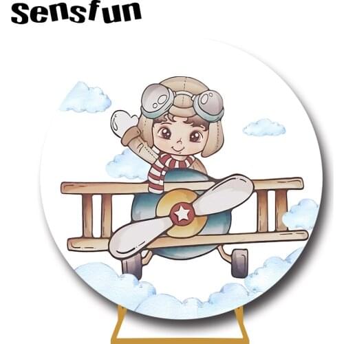 Sensfun Pilot Theme Round Backdrop Cover White Clouds Sky Boy 1st Birthday Party Circle Photography Background Elastic Custom