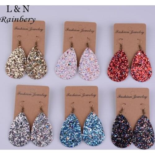 Rainbery Teardrop PU Leather Earrings Sequins Looking Various Looking Various MultiColors Bohemia Water Drop Earring JE0656