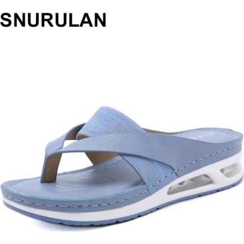 SNURULANWomen Air cushion sole Slippers 2021 Summer flip flops Casual Beach Muffin Platform Ladies Sandals Peep Toe Female Shoes