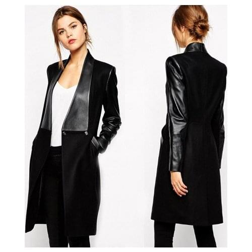 Spring Autumn Trench Europe new womens windbreaker coat leather stitching collar trench women PU Splice coat mujer outwear