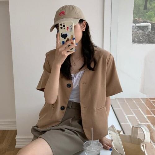 2021 New Women Summer Thin Short Blazer Jacket Coat V Neck Single Breasted Outwear Suit Tops