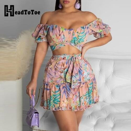 Off Shoulder Floral Print Top & Frill Hem Skirt Set Summer Women Two Piece Set