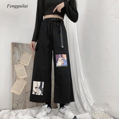 Women 2021 New Korean Cartoon Harajuku Loose High Waist Slim Black Overalls Female Casual Straight Wide Leg Pants