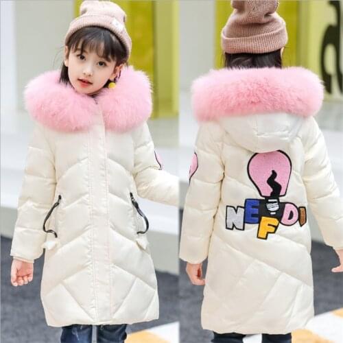 3-14 Years Girl Long Down Coat Jacket Winter Outerwear 2019 New Fashion Big Fur Collar Warm Letters Embroidery Children Jacket