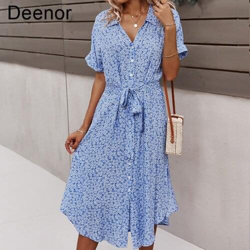 Summer Floral Dress Women Casual Print Dress V-Neck Midi Dresses Female Short Sleeve Button Loosed Dress Holiday Beach Vestidos