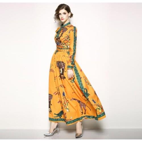 Womens European fashion spring summer long sleeve yellow print dress female high waist runway slim chic long dress TB925