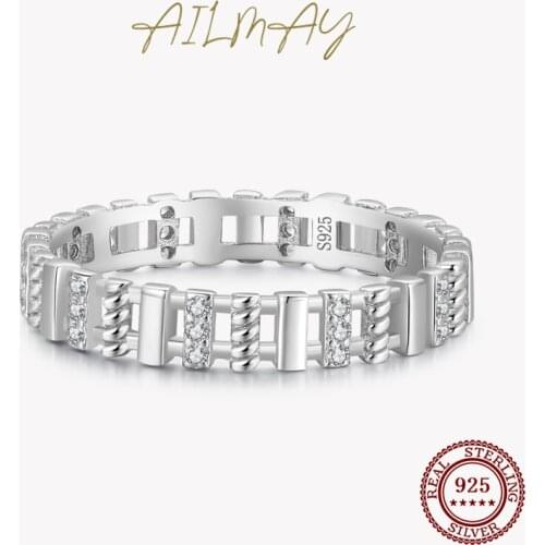 Ailmay Clear Zircon Braided Texture Rectangle Finger Ring For Women Authentic 925 Sterling Silver Simple Geometric Fine Jewelry