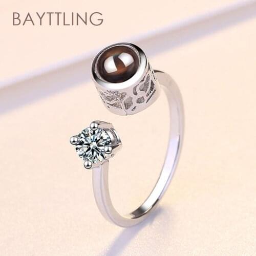 BAYTTLING 925 Sterling Silver 100 Languages I Love You Round Zircon Open Ring For Women Fashion Jewelry Gifts