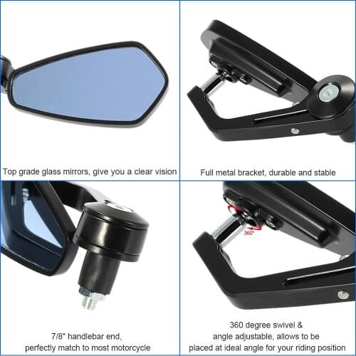 Side View End Bar Rearview Mirrors Universal 7/8" Handle Bar 360° Swivel Angle Adjustable Motorcycle Accessories for Cafe Racer
