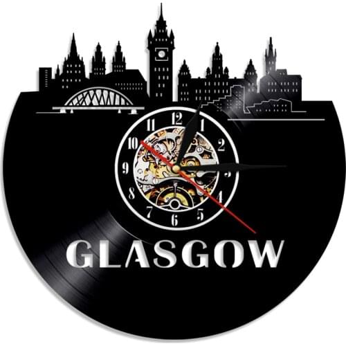 Glasgow Skyline Vinyl Record Wall Clock Home Office Decor Scotland Skyscrapers Architecture Cityscape Silent Quartz Wall Clock
