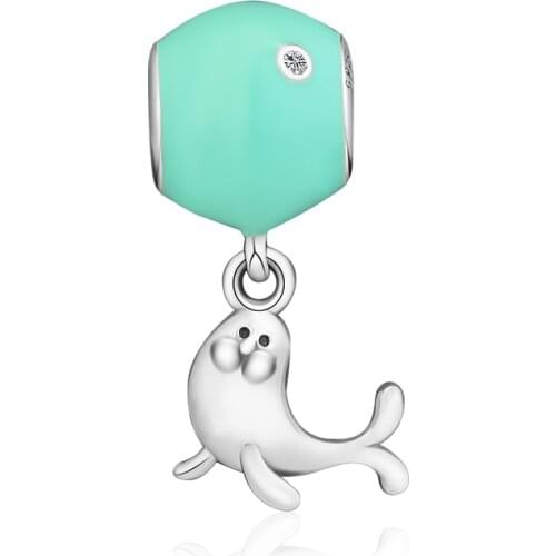 Fandola CKK 925 Sterling Silver Curious Seal Animal Green Enamel Fits Pandora Bracelet Charms Jewelry Making Gift berloque 925
