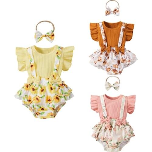 3 Colors Toddler Baby Girls Clothes Sets 3pcs Flower Printing Flying Sleeve Tops + Suspender Shorts + Headband Set