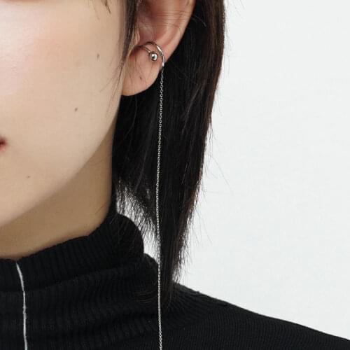 Korean Fashion Silver Color Long Chain Tassel Fake Piercing Ear Cuff Clip on Faux Earings Ear Clips Earrings Punk Accessories