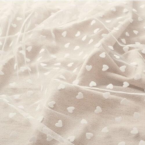 2Yards High Quality 1.2Meters White Heart Flocking Embroidery Lace Fabric Accessories Clothes Material Tulle Mesh Wedding Lace