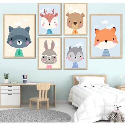 Cartoon Animal Deer Fox Bear Rabbit Nursery Nordic Posters And Prints Wall Art Canvas Painting Wall Pictures Kids Room Decor
