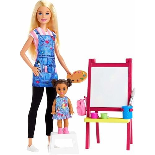 Barbie and all Professions Play Sets Painting Teacher Blonde Hair-Blonde Painter Barbie Doll and Student-Barbie and blackboard