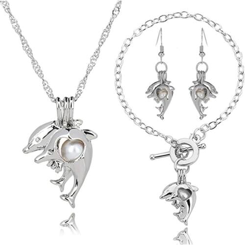 HENGSHENG Dolphin Cage Locket Jewelry Set Animal Dangle Earrings Bracelet Chain Pendant Necklace