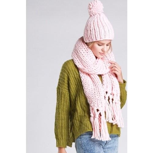 New Women Winter 2Pcs Pompom Beanie Hat Tassels Long Scarf Set Solid Color Handmade Braided Cable Knit Skull Cap Neck Warmer