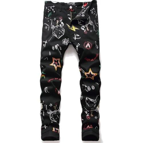 New Mens Male Casual Digital Printed Black Stretch Denim Jeans Fashion Slim Pencil Pants Painted Trousers 5674