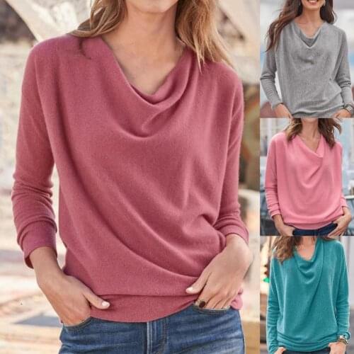 2021 Autumn Fashion Simple Nylon Women Blouse Cowl Neck Solid Color Autumn Loose Long Sleeve All Match Pullover Top Streetwear