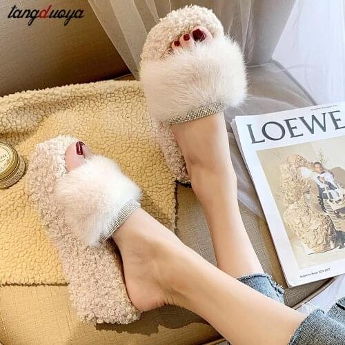 Autumn Winter Fur Fluffy Wedge slippers Women Open Toe Rhinestone Furry Plush Slides Shoes platform Indoor Footwear warm Slipper