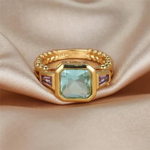 Luxury Female Light Blue Crystal Ring Charm Gold Color Wedding Rings For Women Square Zircon Engagement Ring