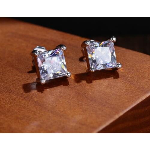 1Pair New White Square Ear Stud Shiny Zircon Earrings Women Men Wedding Engagement Fashion Jewelry Gifts