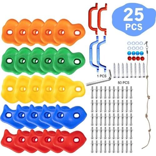 DIY Rock Wall Holds of 25pc Climbing Holds, 1pc Knotted Climbing Rope - Kids Rock Climbing Holds Rock Wall Climbing Kit