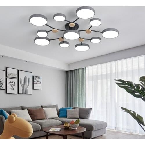 Nordic Simple LED Iron Wooden Multi-Head Chandelier with Round Lampshade for Bedroom Living Dining Room Modern Indoor Lighting