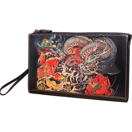 Handmade Women Men Vegetable Tanned Leather Dragon Lucky Carp Bag Money Holder Clutch Purse Cigarette Pocket Clutches Envelope